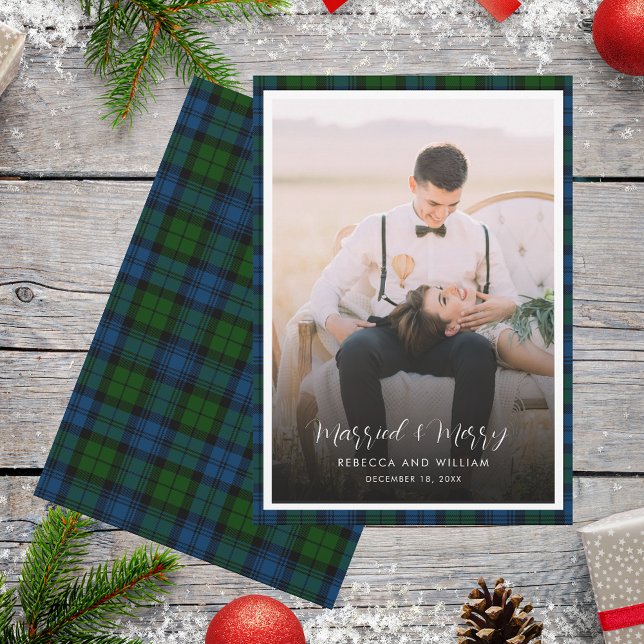 Cartão De Festividades Foto casada e Feliz Campbell Tartan (Christmas Married and Merry Photo Plaid Campbell Tartan Greetings Card)