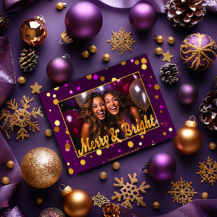 Cartão De Festividades Foto Chic e Festivo Roxo e Dourado Confetti