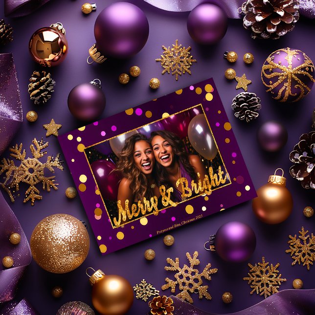Cartão De Festividades Foto Chic e Festivo Roxo e Dourado Confetti (Festive Purple Confetti 'Merry & Bright' Christmas Photo Greeting Card )