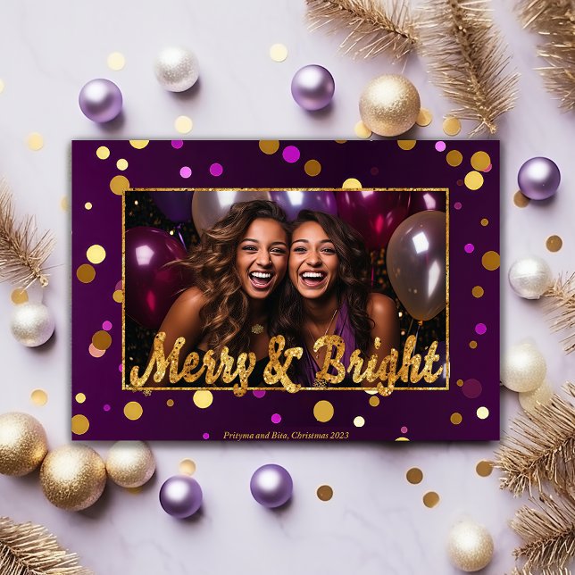 Cartão De Festividades Foto Chic e Festivo Roxo e Dourado Confetti (Festive Purple Gold Greeting, Personalized Holiday Photo Card, Elegant Christmas Stationery Luxury, )