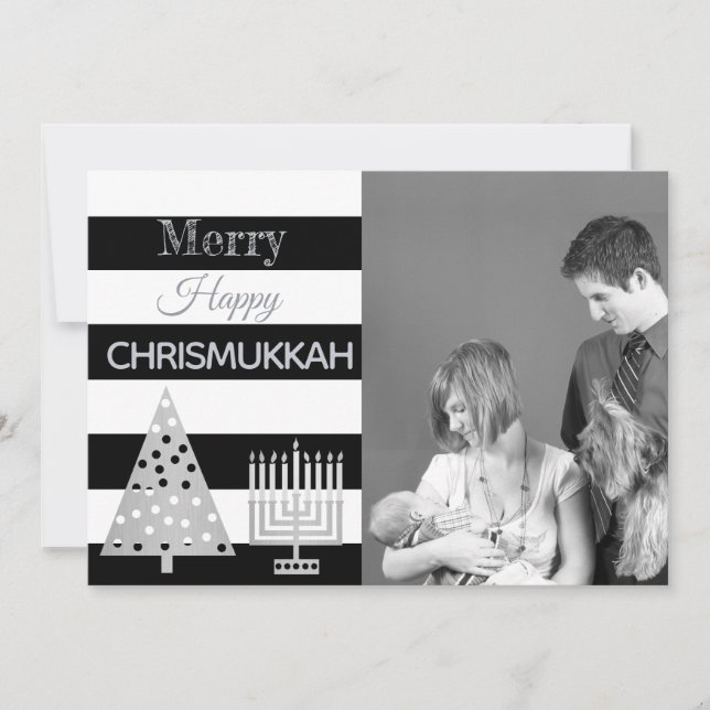 Cartão De Festividades Foto Chrismukkah Black and White Strike Silver (Frente)