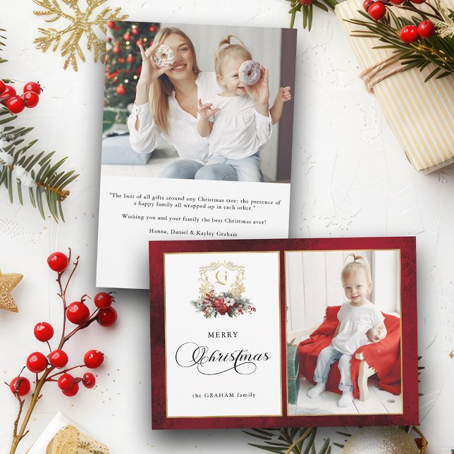 Cartão De Festividades Foto Clássica de Natal Floral Crest (Criador carregado)