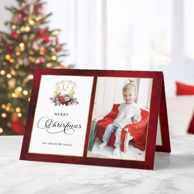 Cartão De Festividades Foto Clássica de Natal Floral Crest (Criador carregado)