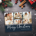 Cartão De Festividades Foto Collage Blue Family Natal<br><div class="desc">Aproveite este ano para criar um belo e personalizado cartão de Natal familiar. Apresentando um fundo azul clássico,  esses modelos de 4 fotos permitem que você substitua as fotos por suas próprias memórias especiais e seu nome de família. Há também uma mensagem que você pode personalizar!</div>