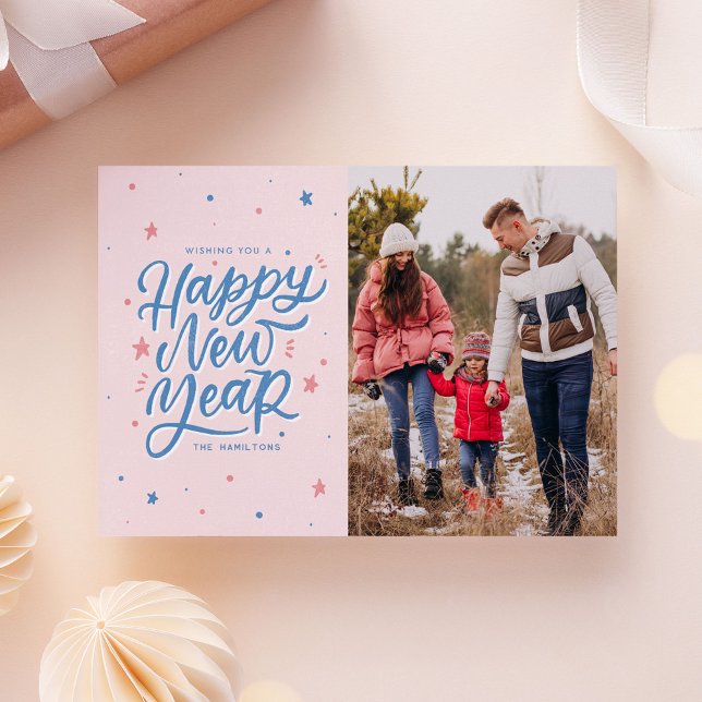 Cartão De Festividades Foto com Feliz ano novo de Script com Letra Mão 20 (vintage hand lettered happy new year photo card)