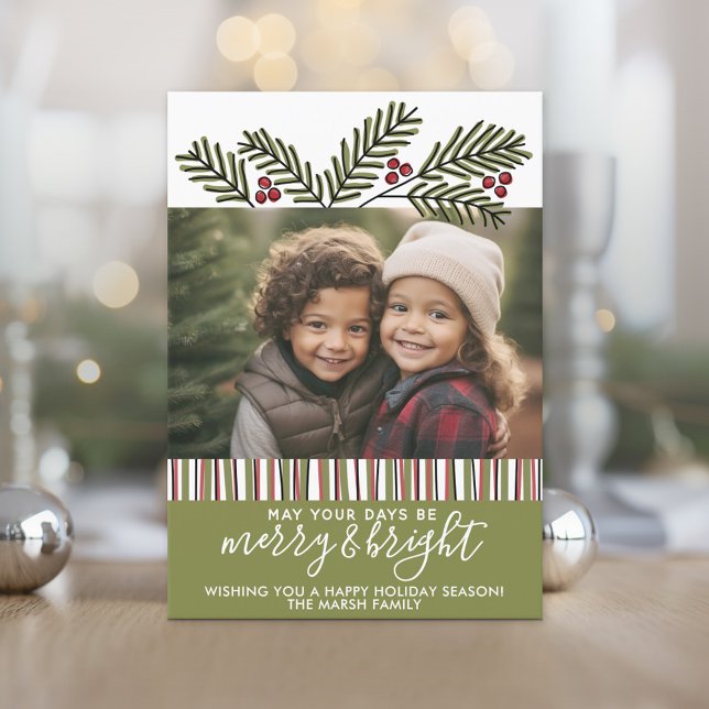 Cartão De Festividades Foto com Ramificações de Pine de Natal Retroativas (Photo Christmas Card)