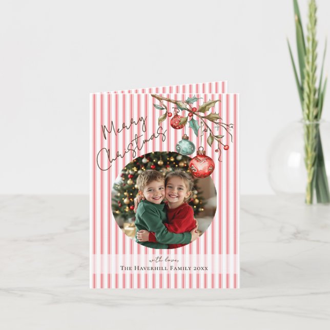 Cartão De Festividades Foto cor-de-rosa Stripes Aquarela Natal (Frente)