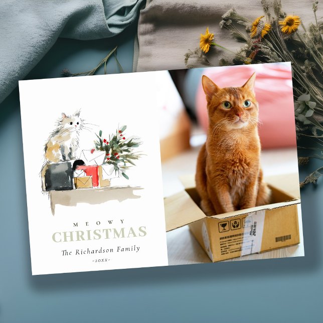 Cartão De Festividades Foto Cóta Aquarela Feliz Gato de Natal Feliz (Criador carregado)