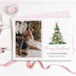 Cartão De Festividades Foto da Árvore de Natal com Laço Rosa em Aquarela