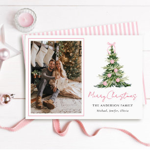 Cartão De Festividades Foto da Árvore de Natal com Laço Rosa em Aquarela