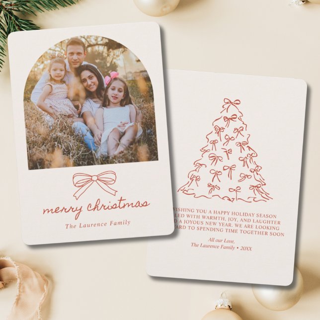 Cartão De Festividades Foto da árvore de Natal Coquette com laço vermelho (elegant photo christmas cards)