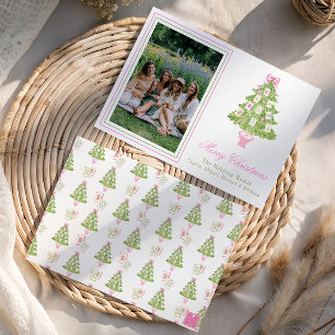 Cartão De Festividades Foto da Árvore de Natal Mahjong Rosa Aquarela