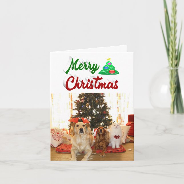 Cartão De Festividades Foto da Árvore de Natal Merry - vermelho - script  (Frente)