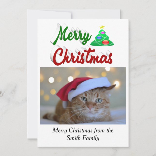 Cartão De Festividades Foto da Árvore de Natal Merry - vermelho - script  (Frente)