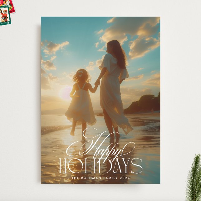 Cartão De Festividades Foto da caligrafia de Natal Branco Elegante (Criador carregado)