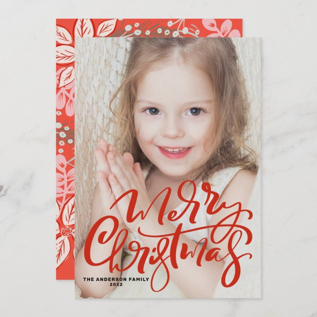 Cartão De Festividades Foto da Caligrafia Moderna Vermelha Feliz Natal (Frente/Verso)