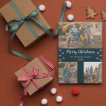 Cartão De Festividades Foto da Colagem de Natal do Floco de Neve Azul mar<br><div class="desc">Cartões de Natal felizes com fotos com colagem de fotos, com três (3) imagens, tipografia de script branco e borda prateada com floco de neve, contra o fundo azul clássico do marinho. A mesma borda com padrão de flocos de neve em um fundo azul, enfeita a parte de trás deste...</div>
