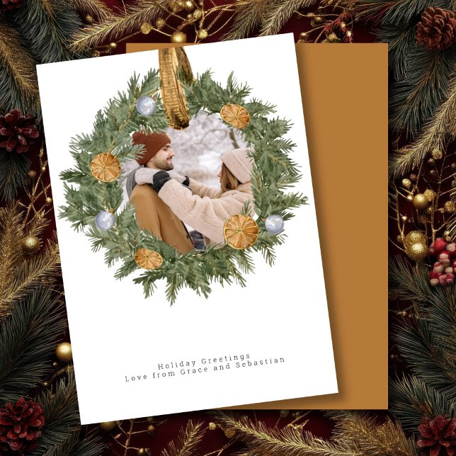 Cartão De Festividades Foto da Corrida de Natal Personalizada (Christmas Rustic Wreath Photo Personalized Holiday Card by Ricaso. Stunning, elegant cards)