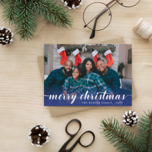 Cartão De Festividades Foto da Família Azul Caligrafia Feliz Natal