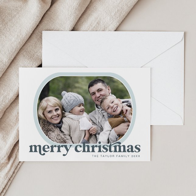 Cartão De Festividades Foto da família azul EMERY Simples Feliz Natal (EMERY Blue Family Photo Simple Merry Christmas Holiday Card)