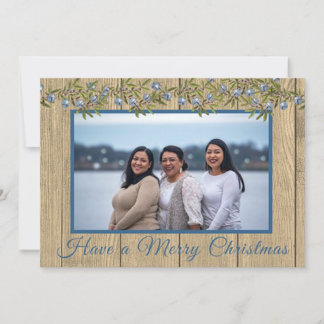Cartão De Festividades Foto da família azul rustica Feliz Natal (Frente)