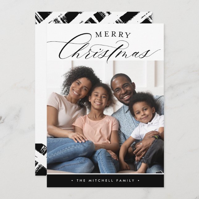 Cartão De Festividades FOTO DA FAMÍLIA Caligrafia Feliz de Natal preto (Frente/Verso)