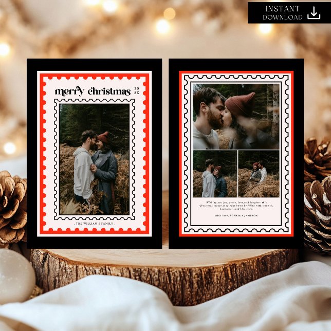 Cartão De Festividades Foto da família Carimbo de Natal Retro (Criador carregado)
