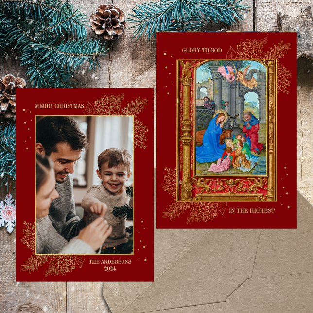 Cartão De Festividades Foto da Família Cristã Católica de Natal (Nativity Scene Medieval Religious Christian Catholic Red  Gold Elegant Photo Christmas Card)