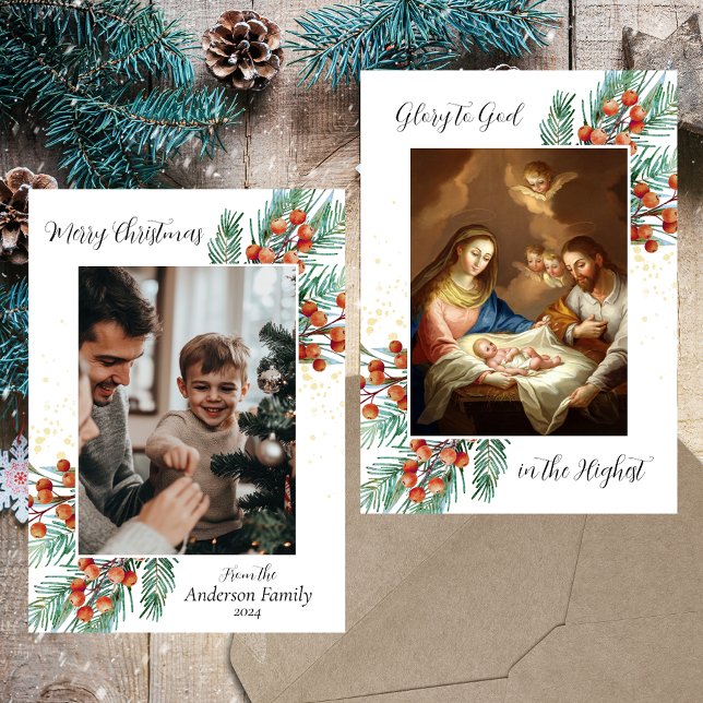 Cartão De Festividades Foto da família cristã religiosa Feliz Natal (Baroque Nativity Scene Religious Christian Catholic Christmas Green Holly Photo Holiday Card)