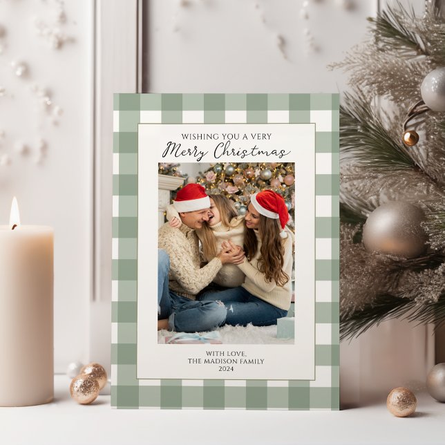 Cartão De Festividades Foto da família da Xadrez verde moderna Feliz Nata (Criador carregado)