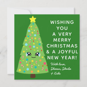 Cartão De Festividades Foto da família de árvores de Natal Kawaii Verde e