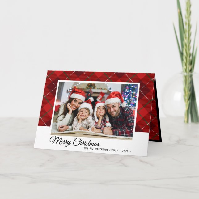 Cartão De Festividades Foto da família de Natal da Xadrez Vermelha Elegan (Frente)