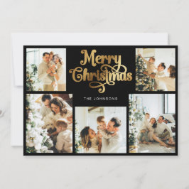 Cartão De Festividades Foto da família de Natal Dourada e Preta