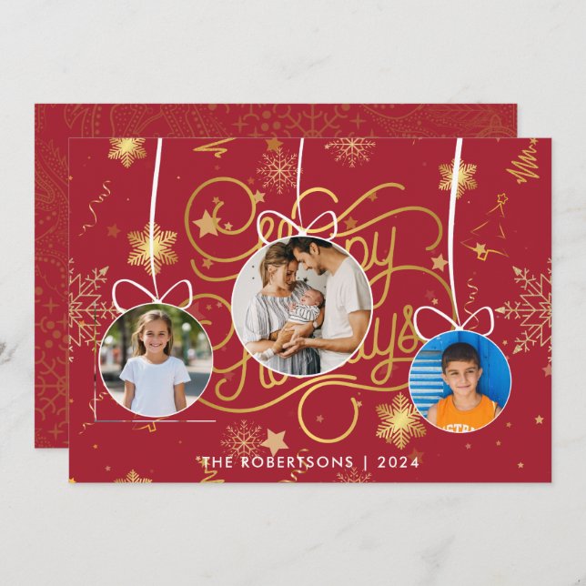 Cartão De Festividades Foto da família de Natal Dourada, Na moda Vermelha (Frente/Verso)