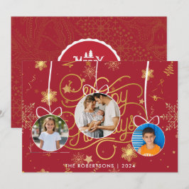 Cartão De Festividades Foto da família de Natal Dourada, Na moda Vermelha