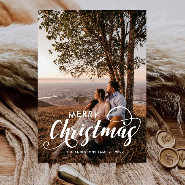 Cartão De Festividades Foto da família de Natal feliz moderno Tartan (Criador carregado)