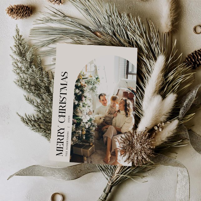 Cartão De Festividades Foto da família de Natal Mínima Black & Ivory (Criador carregado)