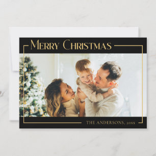 Cartão De Festividades Foto da família de Natal Mínima Preta Moderna