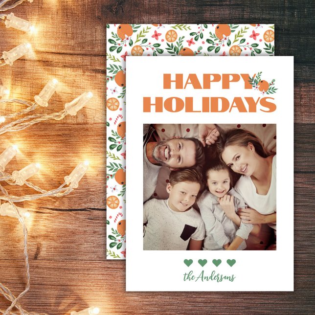 Cartão De Festividades Foto da família de Natal Verde Laranja Moderna (Christmas Orange Green Modern Family Photo Happy Holiday Card)