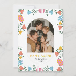 Cartão De Festividades Foto da Família de Páscoa Floral Oval Colorida Ele