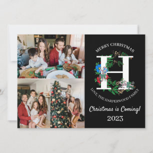 Cartão De Festividades Foto da Família de Script Wreath Monogramas de Nat