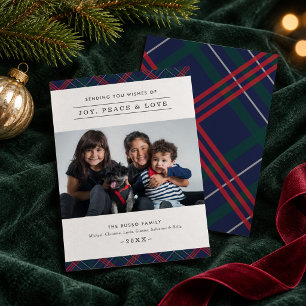 Cartão De Festividades Foto da família de Xadrezes Red Green Tartan Marin