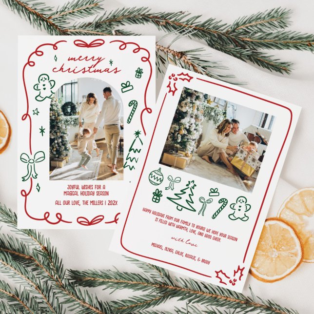 Cartão De Festividades Foto Da Família Desenhada À Mão (Whimsical Hand Drawn Christmas Family Photo Holiday Card)