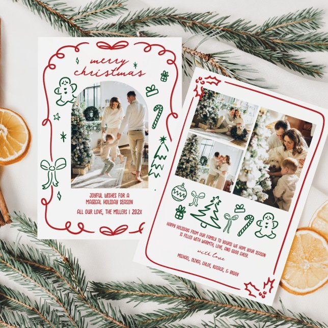 Cartão De Festividades Foto Da Família Desenhada À Mão (Whimsical Hand Drawn Family Photo Christmas Card)