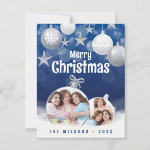 Cartão De Festividades Foto da família Elegant Blue, White Felry Christma