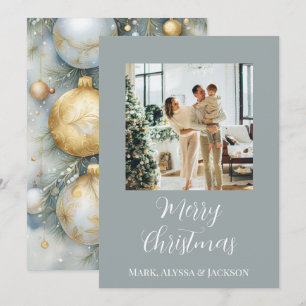 Cartão De Festividades Foto da família Elegant Dusty Blue Christmas Baubl