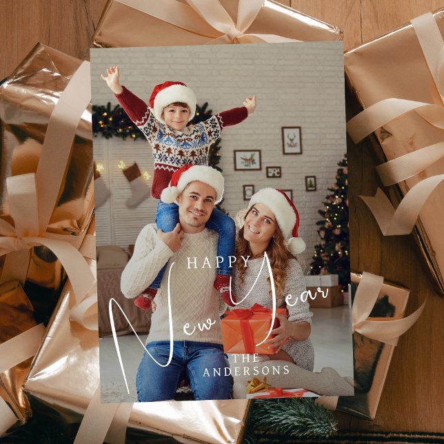 Cartão De Festividades Foto da família Elegant Modern Feliz ano novo 2026 (Criador carregado)