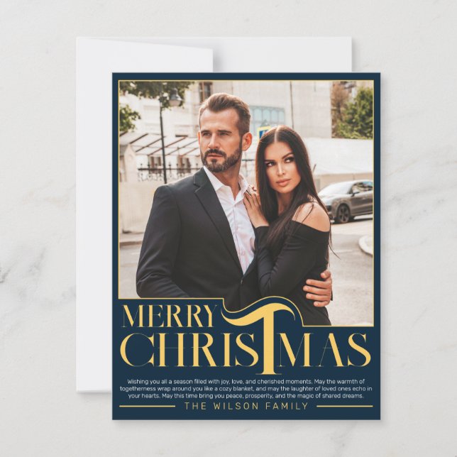 Cartão De Festividades Foto da família Elegante Blue e Dourada Feliz Nata (Frente)