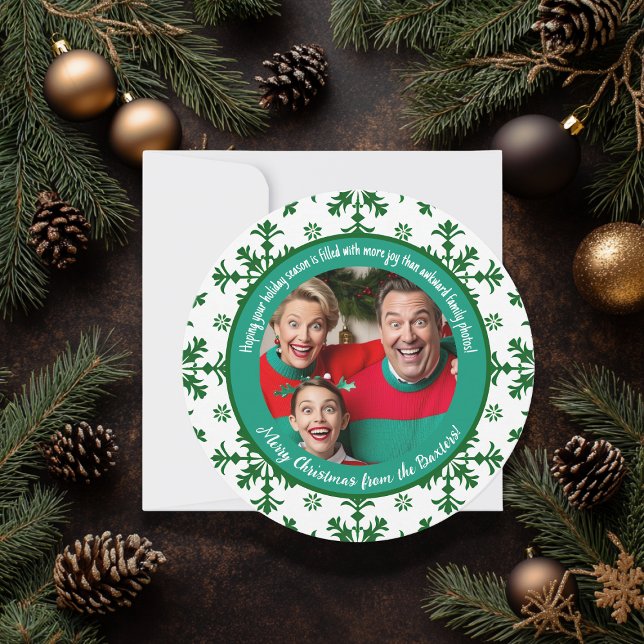 Cartão De Festividades Foto da família engraçada cheia de alegria verde e (Criador carregado)