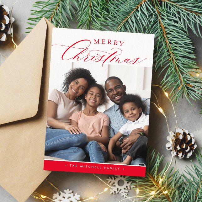 Cartão De Festividades FOTO DA FAMÍLIA Feliz Natal Caligrafia fofa vermel (Criador carregado)